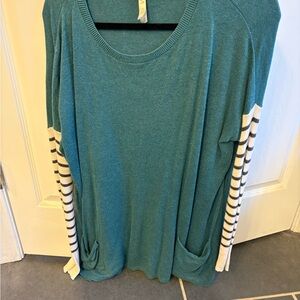 Matilda Jane Teal Top with Striped Sleeves